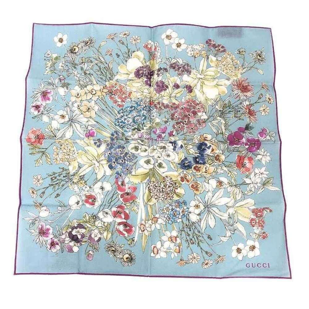 GUCCI Flora Flower Pattern Handkerchief Bandana Pocket Square Blue Cotton